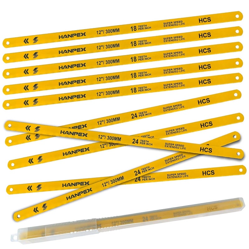 Hanpex Hacksaw Replacement Blades Set (10 Pack) High Speed 12" Length Hack Saw Blade - High Carbon Steel (HCS) Cutting Blades - Image 1